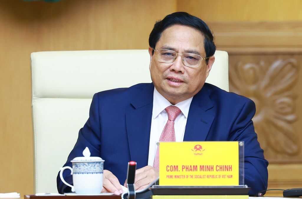 Thủ tướng Phạm Minh Chính phát biểu tại cuộc tiếp Đại sứ Trung Quốc tại Việt Nam Hà Vĩ. 